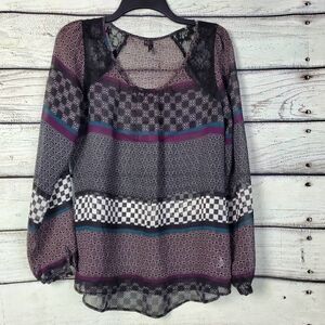 Maurices Women’s Boho Sheer Blouse Size M Long Sleeve Lace Yoke Mixed Print Peas